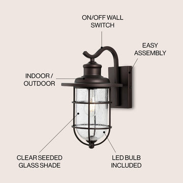 Westfield 10.5" Iron/Seeded Glass Rustic Industrial Cage LED Outdoor Lantern - JONATHAN Y
